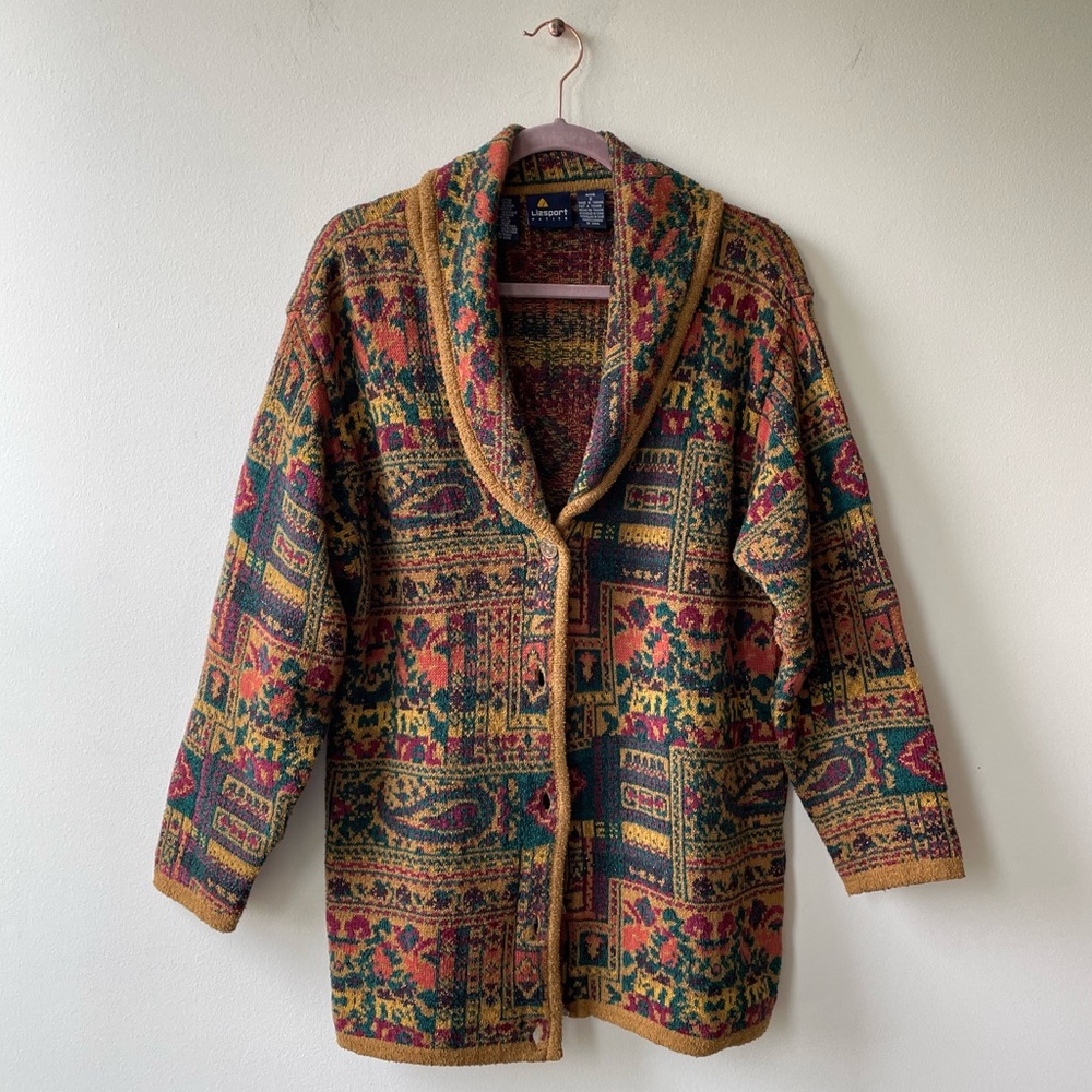 VINTAGE Paisley Floral Print Button Front Cardigan Sweater Liz Claiborne
